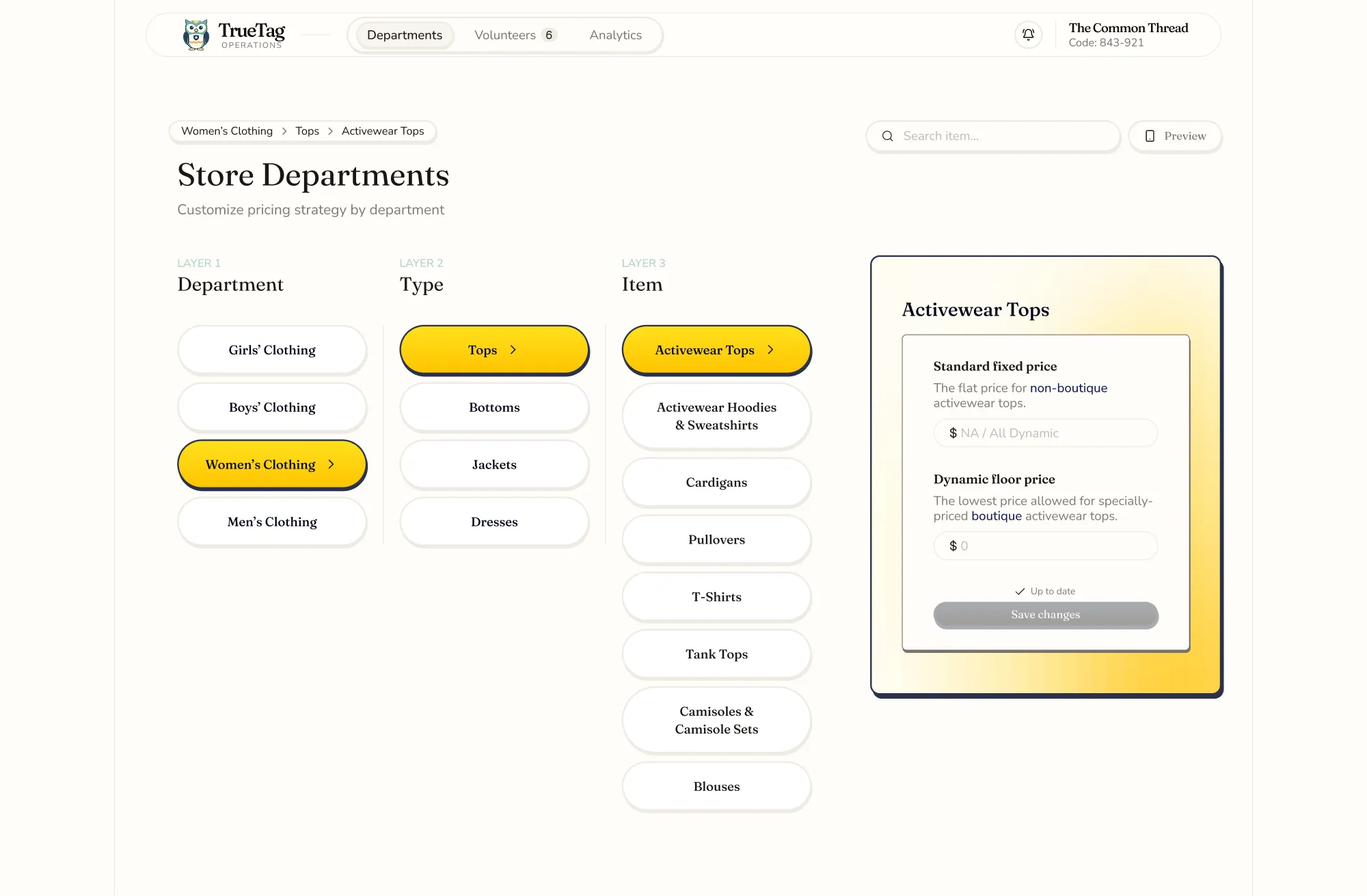 Store pricing rules dashboard showing department and item configuration for customizing pricing strategy